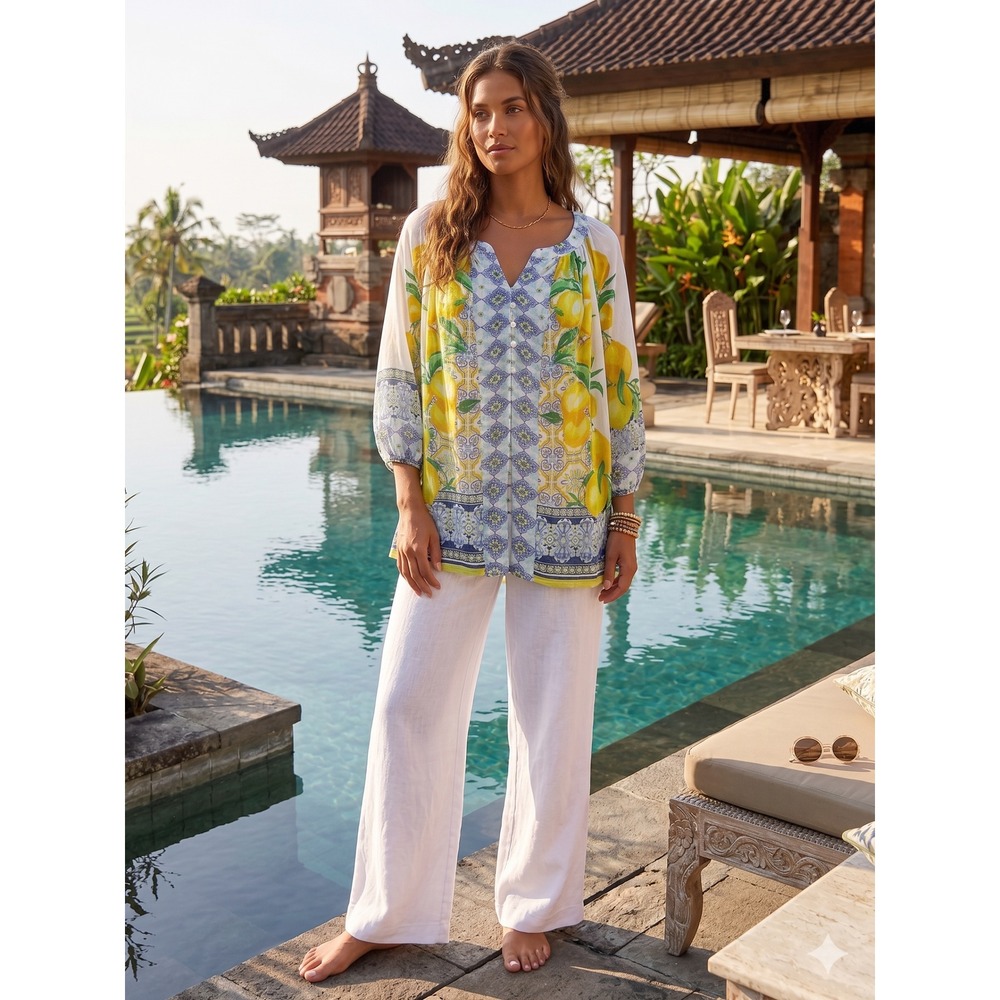 Olive Hill Lemon Print Sheer Summer White Yellow Blue Tile 3/4 Sleeve Size XL